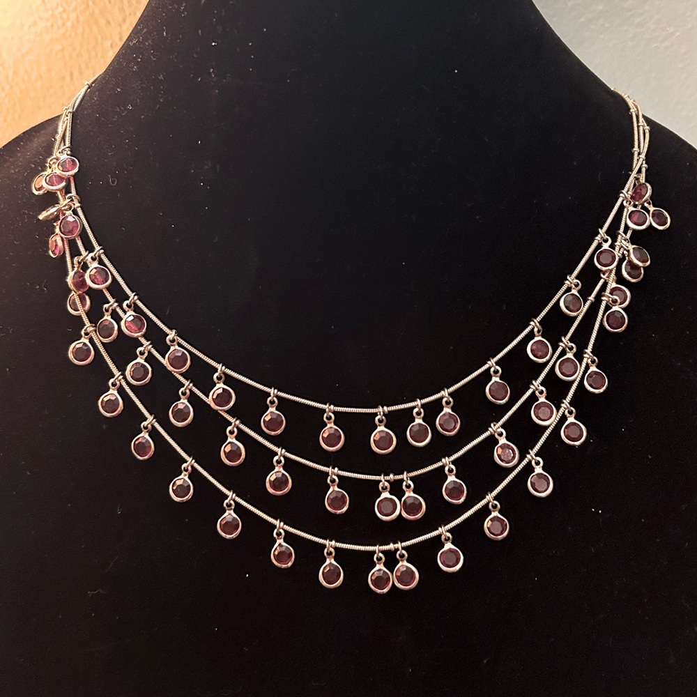 Anne Klein Vintage Triple Layer Silver Necklace with Red Accents